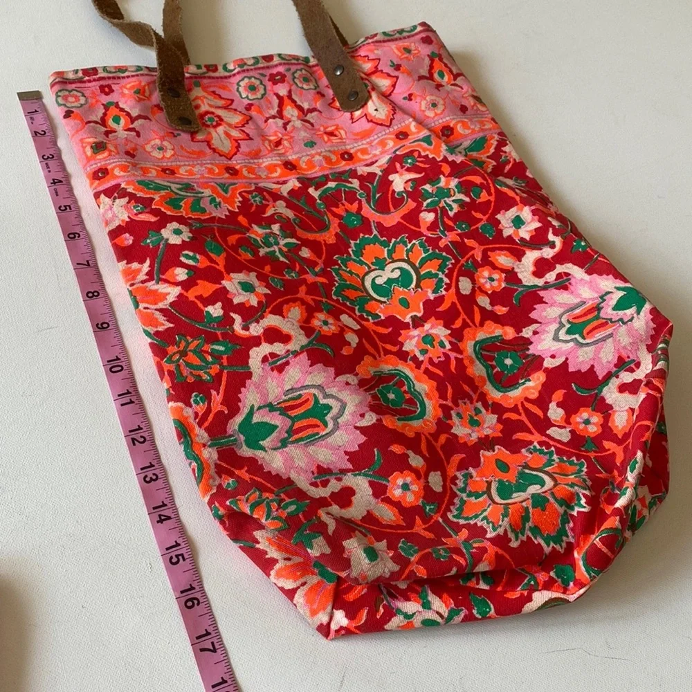 Floral boho sack tote bag with suede style straps